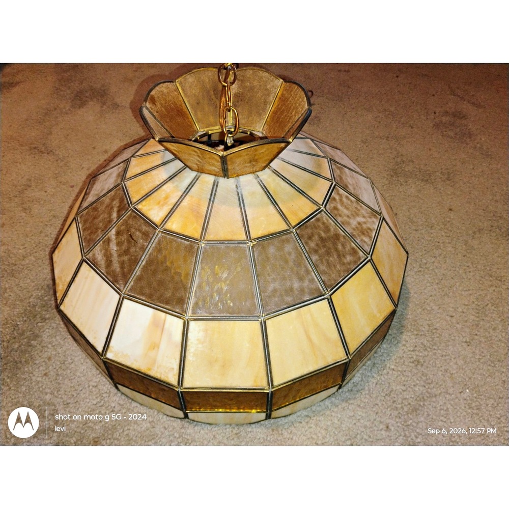 Stained Glass & Metal Pendant Ceiling Light, Beige/Brown Shade with Chain